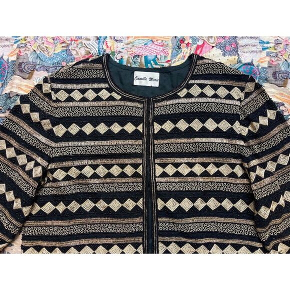Vintage 1980s Black Gold Beaded Harlequin Deco Pattern Sz M Cardigan Jacket - Picture 5 of 6